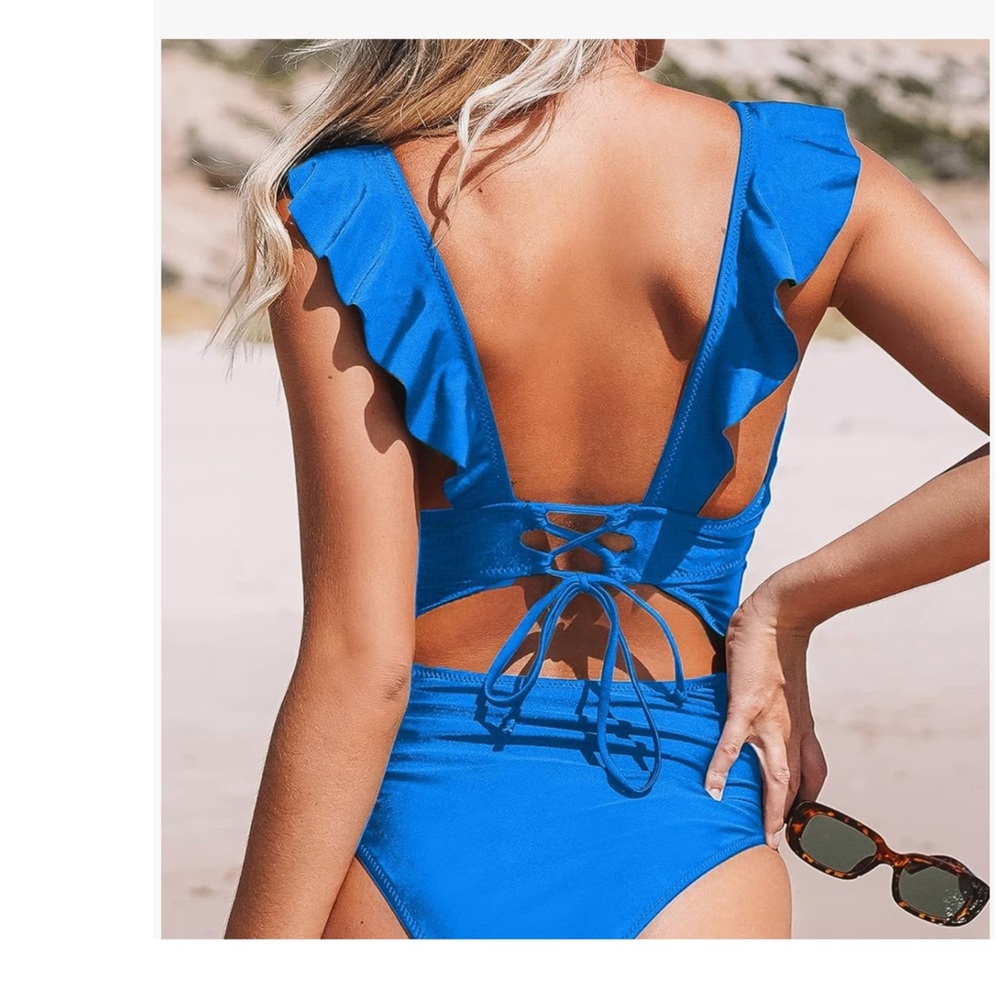 CUPSHE Women's Ruffled One Piece Swimsuit V Neck Lace Up, size L, Teal blue - Picture 2 of 8